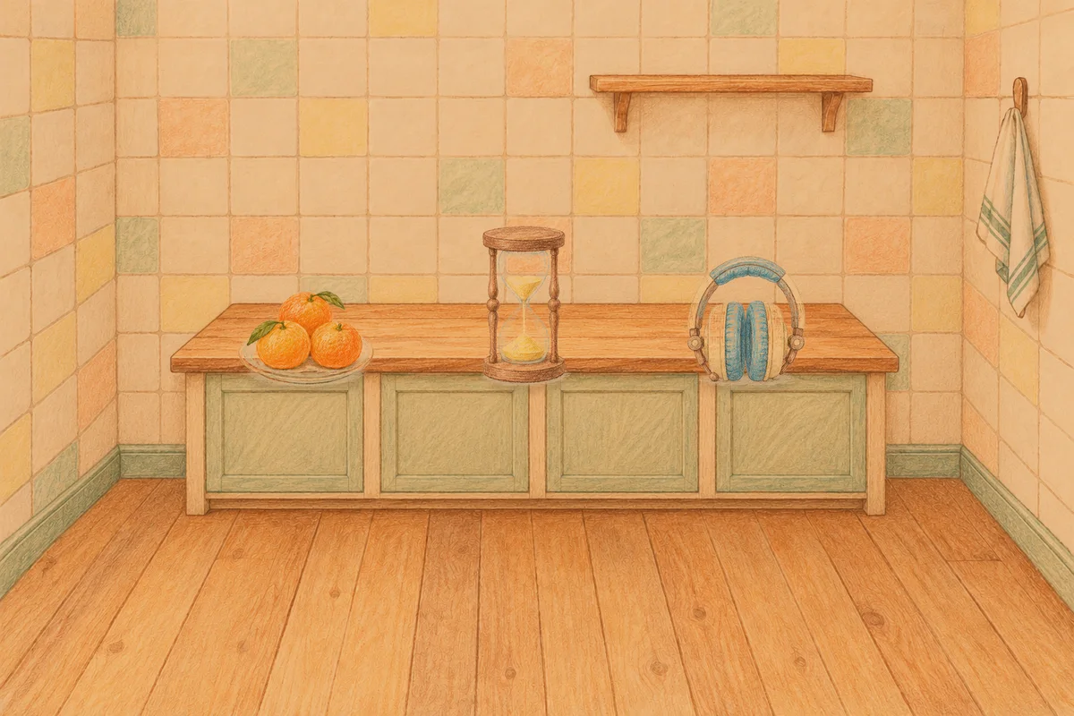 동탄 여성전용 두피 마사지 안내 그림, 저녁의 부엌 나무 조리대 위에 놓인 귤이 담긴 접시, 모래시계, 헤드폰