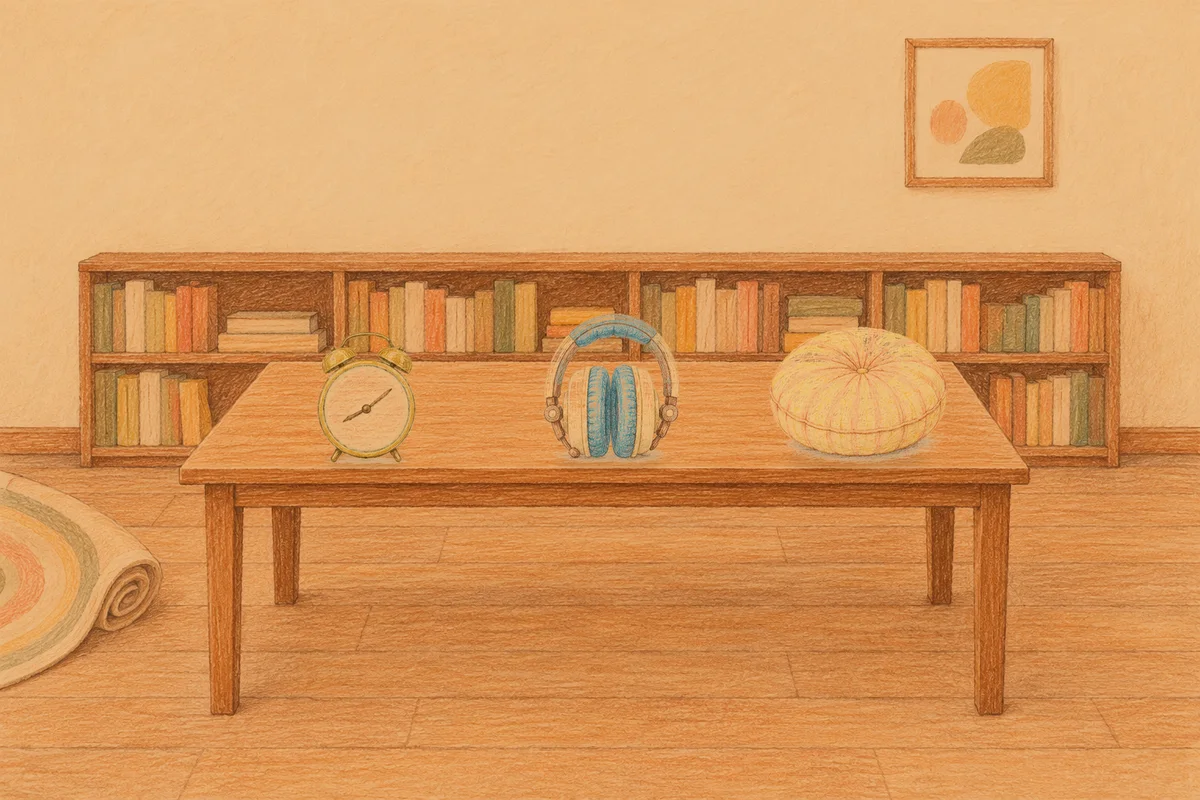 동탄 여성전용 어깨 마사지 안내 그림, 저녁의 서재 긴 책상 위에 놓인 둥근 알람시계, 헤드폰, 둥근 쿠션