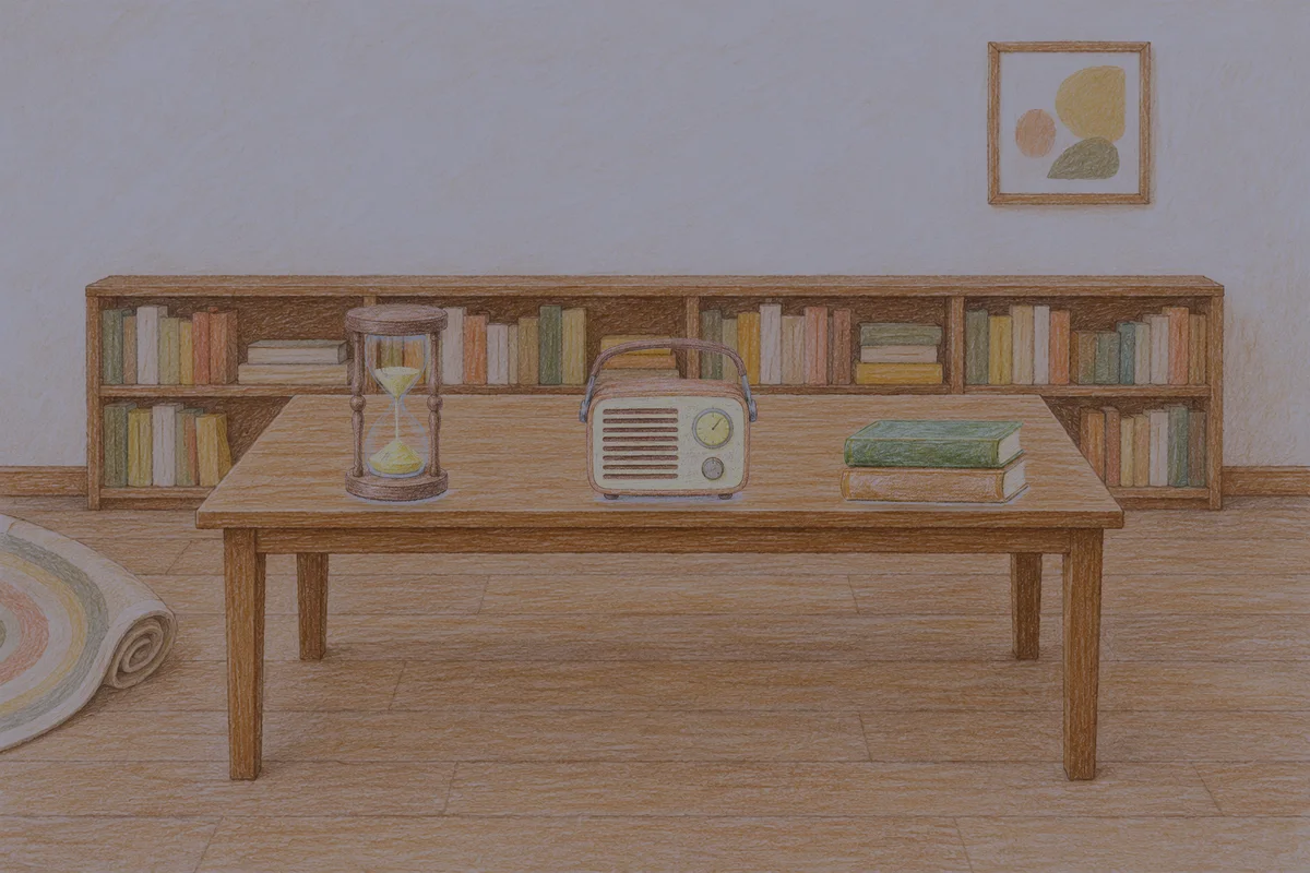 동탄 여성전용 목 어깨 케어 안내 그림, 밤의 서재 긴 책상 위에 놓인 모래시계, 작은 라디오, 책 두 권