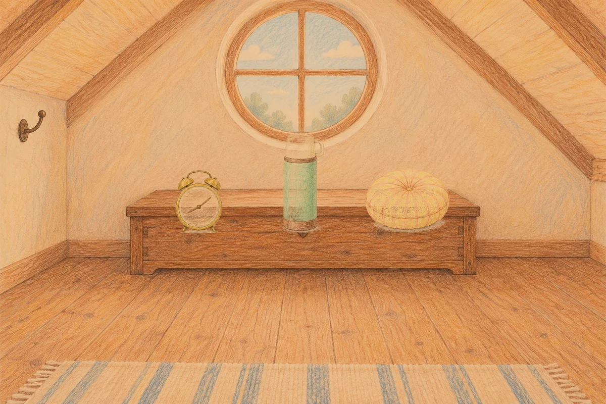 동탄 여성전용 브라이덜 케어 안내 그림, 저녁의 다락방 나무 궤짝 위에 놓인 둥근 알람시계, 보온병, 둥근 쿠션