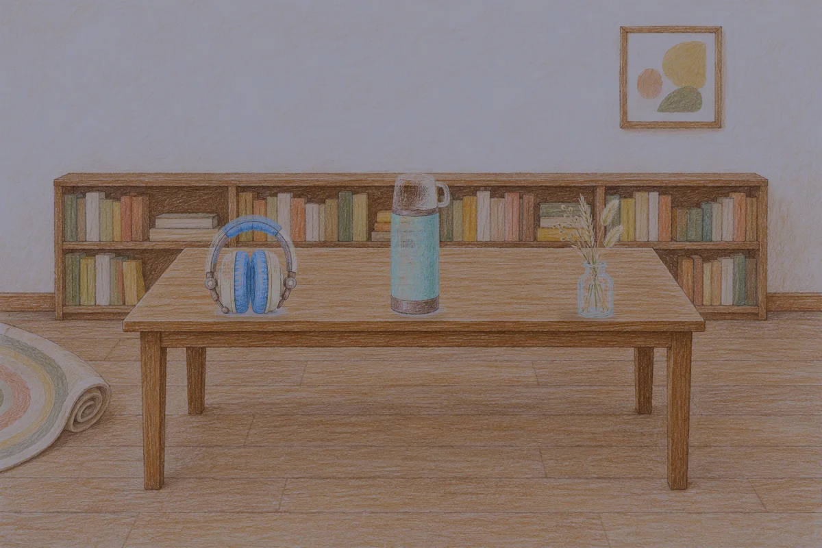 동탄 여성전용 예약 마사지 안내 그림, 밤의 서재 긴 책상 위에 놓인 헤드폰, 보온병, 마른 풀을 꽂은 항아리