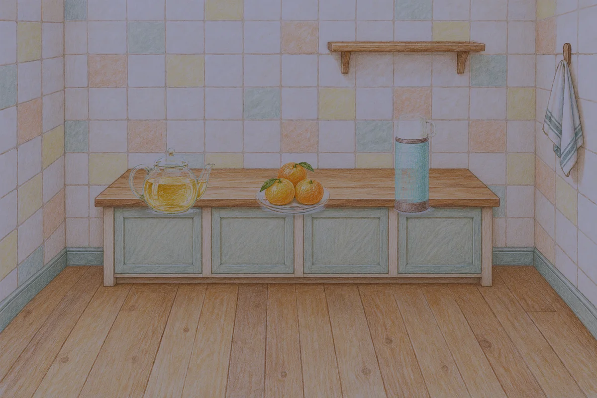 인계동 여성전용 아로마 마사지 안내 그림, 밤의 부엌 나무 조리대 위에 놓인 유리 티포트, 귤이 담긴 접시, 보온병