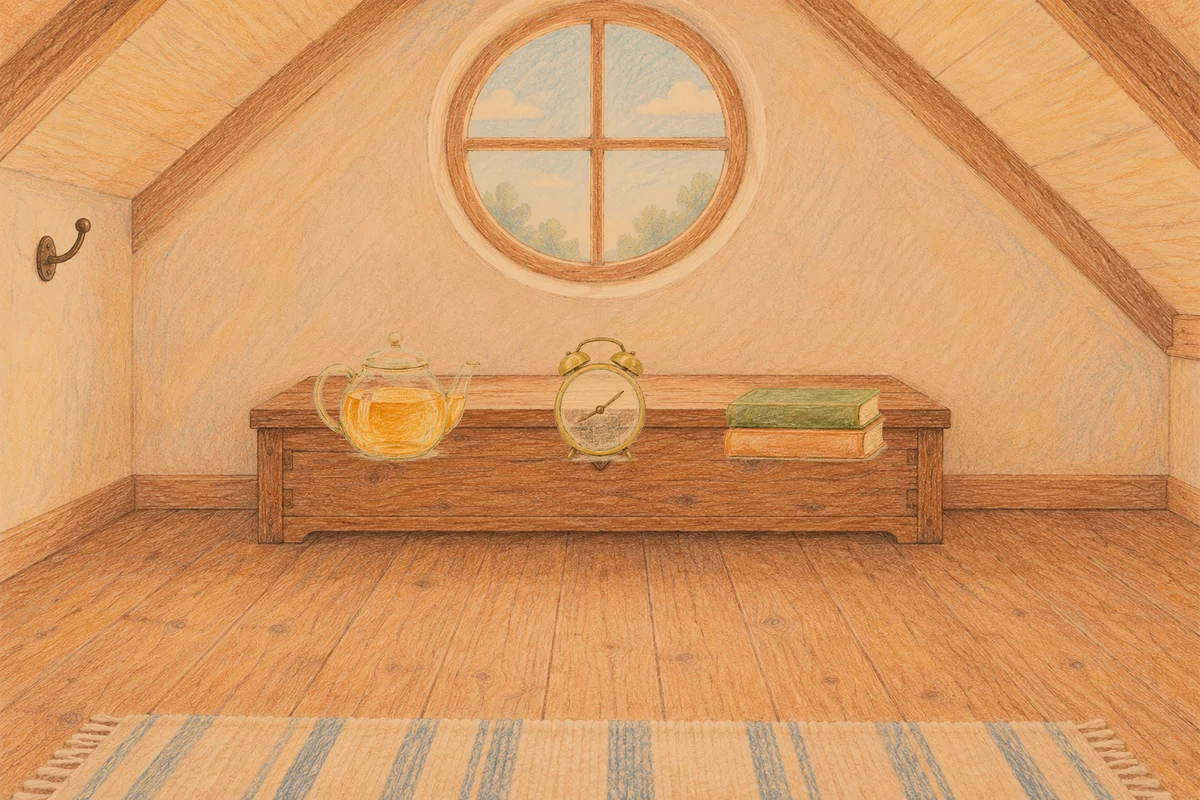 인계동 여성전용 아로마테라피 안내 그림, 저녁의 다락방 나무 궤짝 위에 놓인 유리 티포트, 둥근 알람시계, 책 두 권