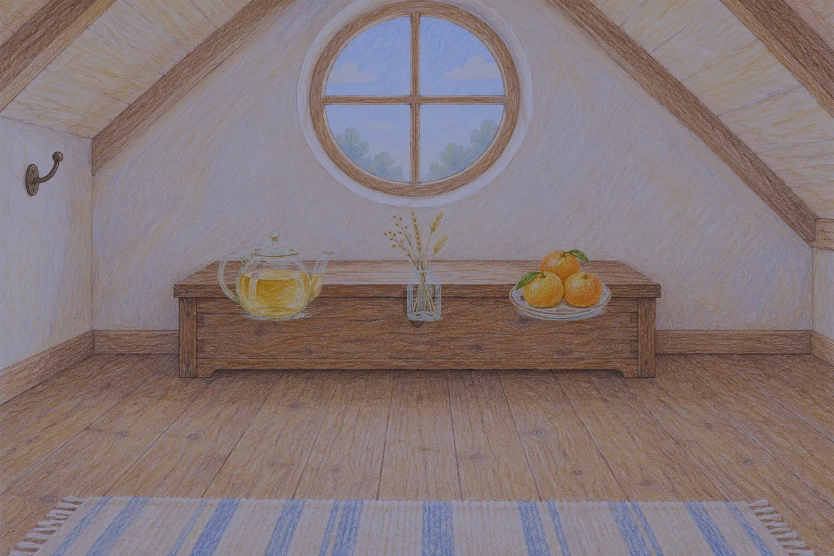 인계동 여성전용 라벤더 아로마 안내 그림, 밤의 다락방 나무 궤짝 위에 놓인 유리 티포트, 마른 풀을 꽂은 항아리, 귤이 담긴 접시