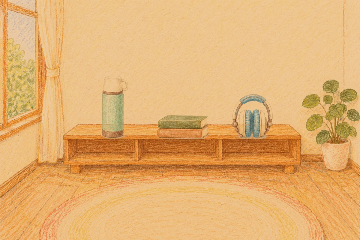 인계동 여성전용 스웨디시 후기 안내 그림, 저녁의 창가 낮은 선반 위에 놓인 보온병, 책 두 권, 헤드폰