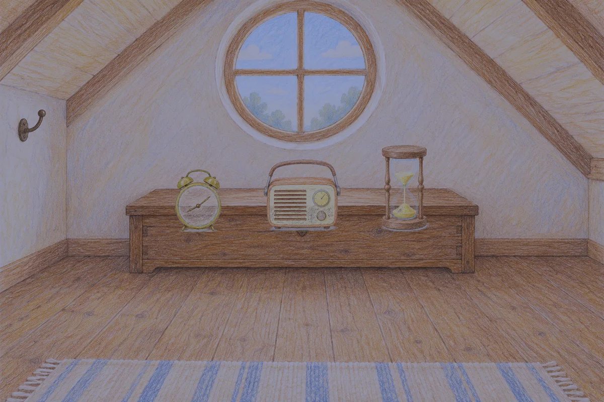 인계동 여성전용 스웨디시 가격 안내 그림, 밤의 다락방 나무 궤짝 위에 놓인 둥근 알람시계, 작은 라디오, 모래시계