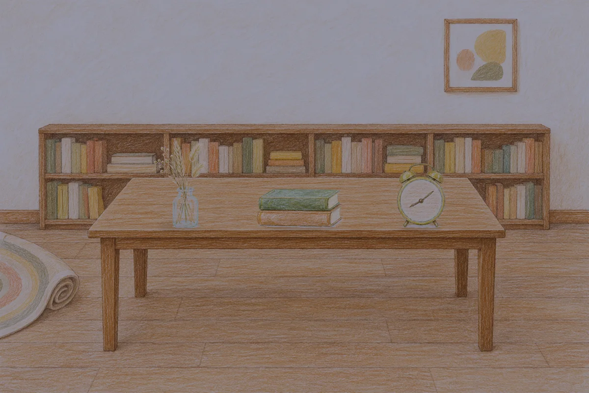 인계동 여성전용 경락마사지 안내 그림, 밤의 서재 긴 책상 위에 놓인 마른 풀을 꽂은 항아리, 책 두 권, 둥근 알람시계