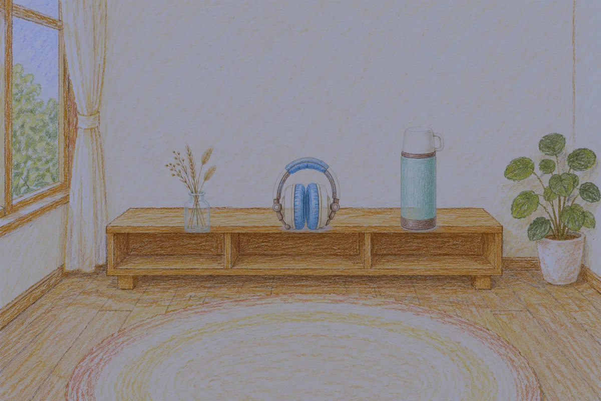 인계동 여성전용 경락 케어 안내 그림, 밤의 창가 낮은 선반 위에 놓인 마른 풀을 꽂은 항아리, 헤드폰, 보온병