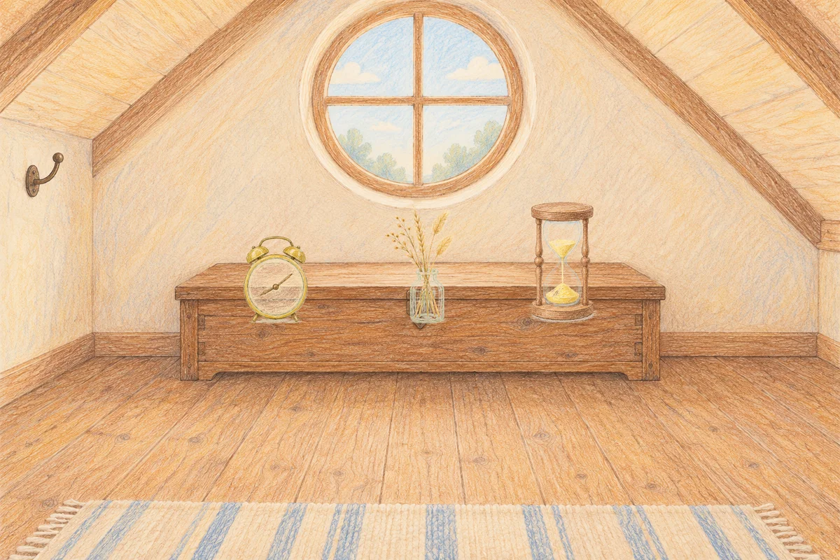 인계동 여성전용 경락 추천 안내 그림, 낮의 다락방 나무 궤짝 위에 놓인 둥근 알람시계, 마른 풀을 꽂은 항아리, 모래시계