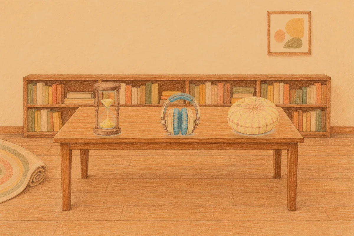 인계동 여성전용 홈케어 서비스 안내 그림, 저녁의 서재 긴 책상 위에 놓인 모래시계, 헤드폰, 둥근 쿠션