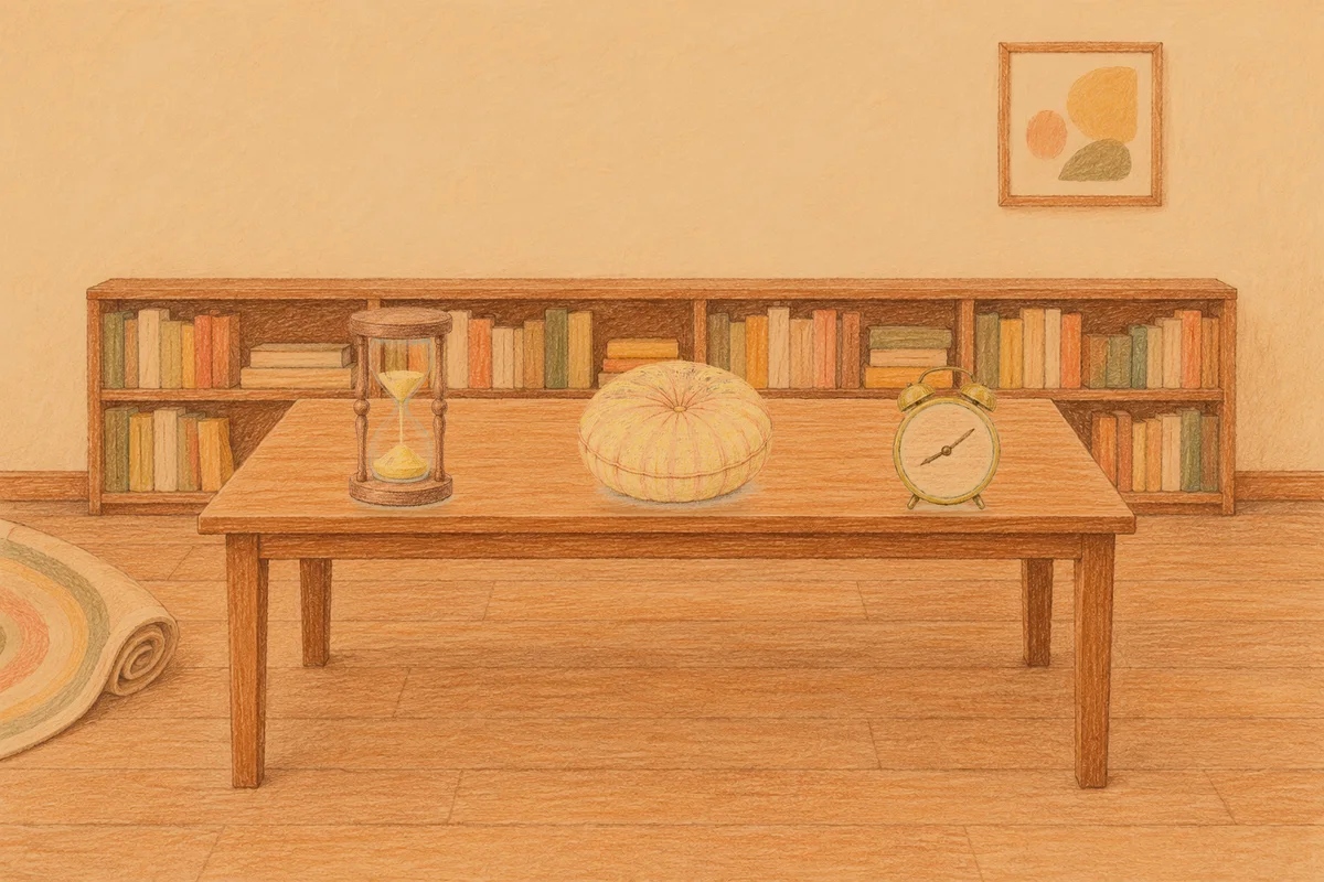인계동 여성전용 방문 홈케어 안내 그림, 저녁의 서재 긴 책상 위에 놓인 모래시계, 둥근 쿠션, 둥근 알람시계
