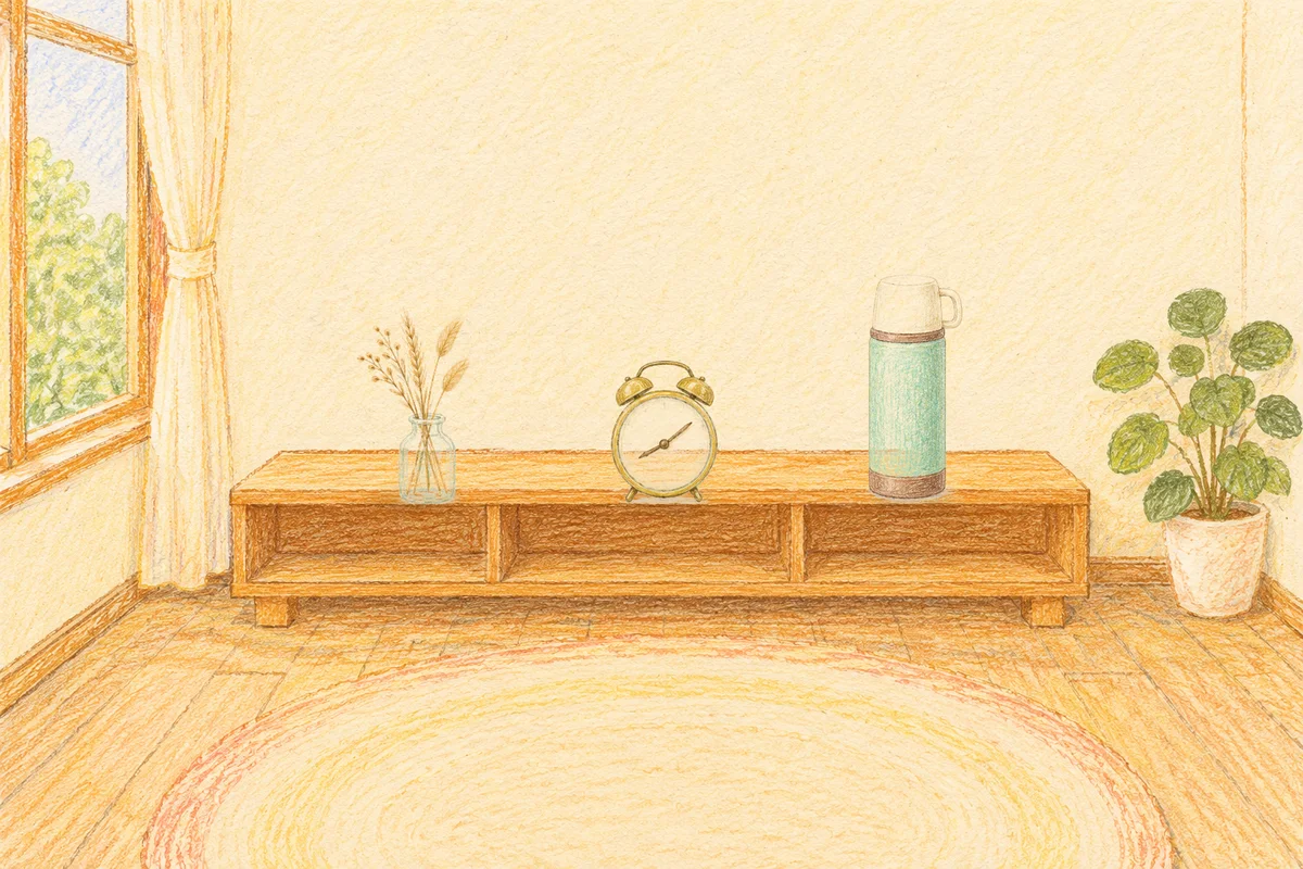 인계동 여성전용 발마사지 안내 그림, 낮의 창가 낮은 선반 위에 놓인 마른 풀을 꽂은 항아리, 둥근 알람시계, 보온병