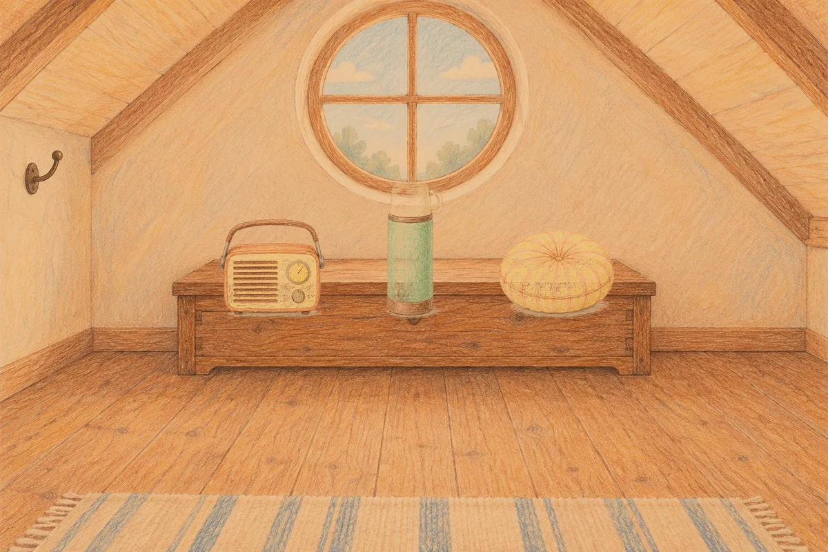 인계동 여성전용 림프 마사지 안내 그림, 저녁의 다락방 나무 궤짝 위에 놓인 작은 라디오, 보온병, 둥근 쿠션