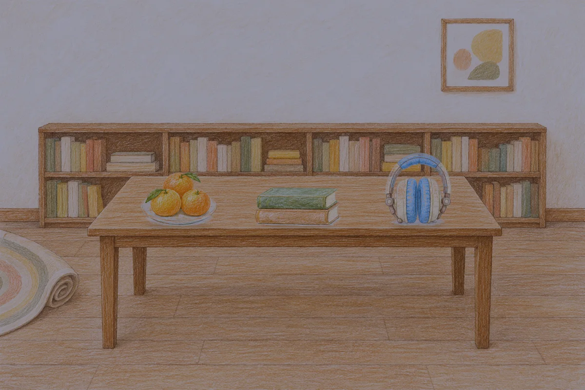 인계동 여성전용 셀룰라이트 관리 안내 그림, 밤의 서재 긴 책상 위에 놓인 귤이 담긴 접시, 책 두 권, 헤드폰
