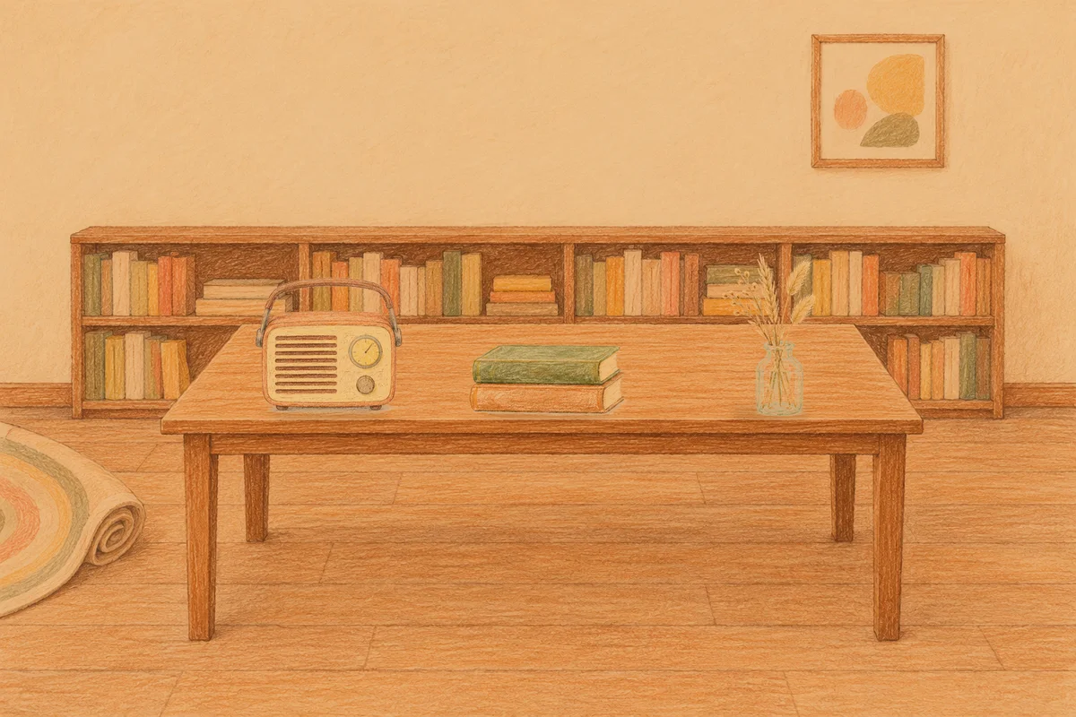 인계동 여성전용 슬리밍 마사지 안내 그림, 저녁의 서재 긴 책상 위에 놓인 작은 라디오, 책 두 권, 마른 풀을 꽂은 항아리