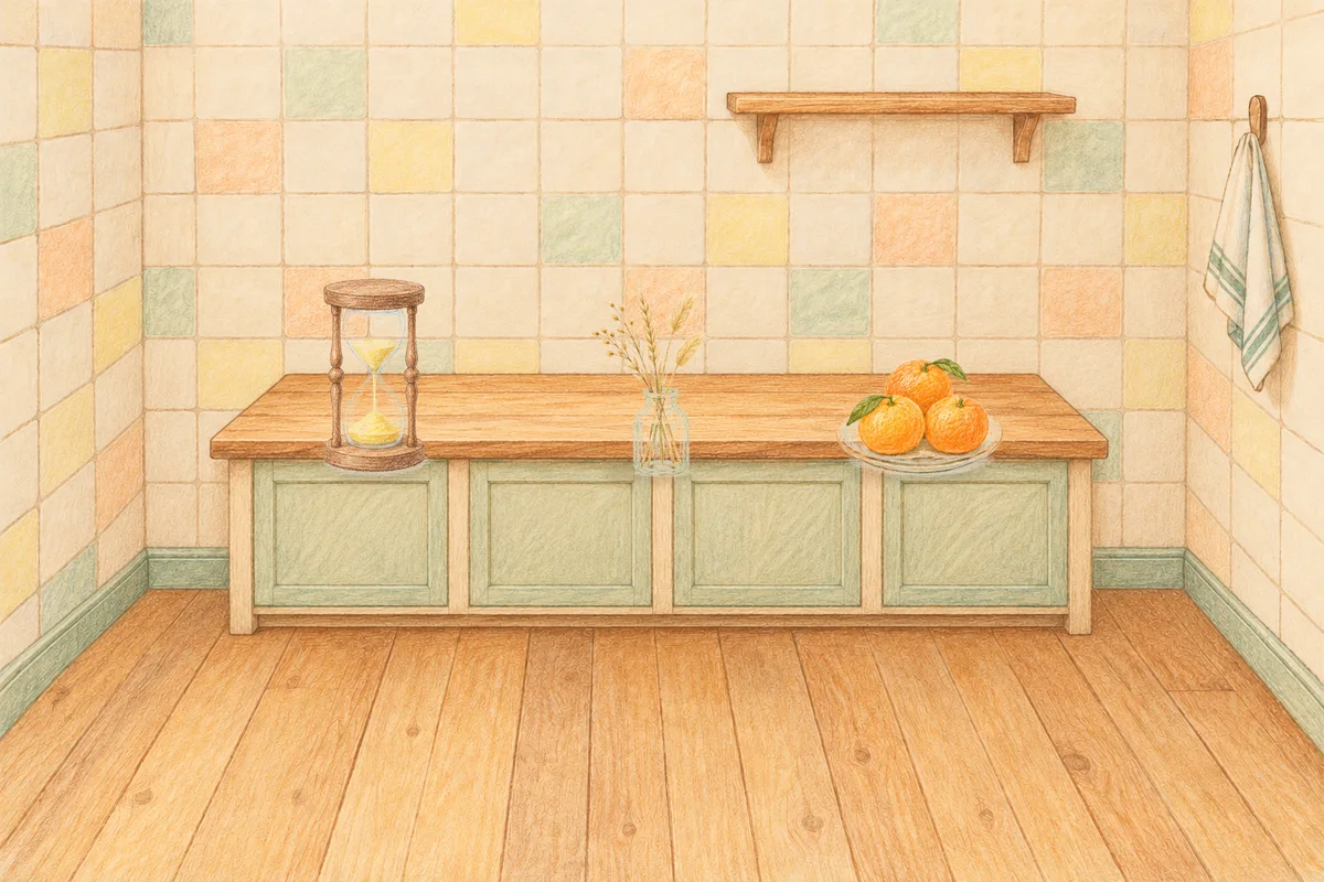 인계동 여성전용 디톡스 마사지 안내 그림, 낮의 부엌 나무 조리대 위에 놓인 모래시계, 마른 풀을 꽂은 항아리, 귤이 담긴 접시