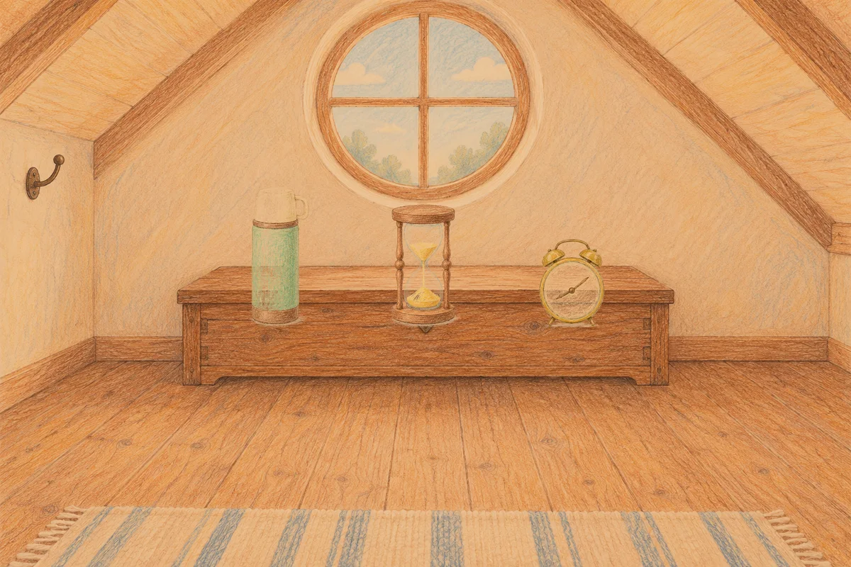인계동 여성전용 복부 마사지 안내 그림, 저녁의 다락방 나무 궤짝 위에 놓인 보온병, 모래시계, 둥근 알람시계