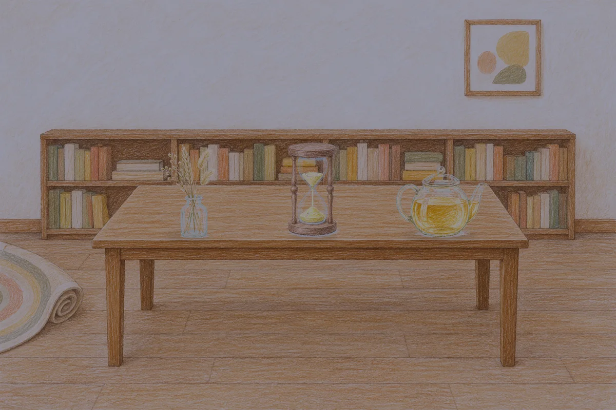 인계동 여성전용 종아리 케어 안내 그림, 밤의 서재 긴 책상 위에 놓인 마른 풀을 꽂은 항아리, 모래시계, 유리 티포트