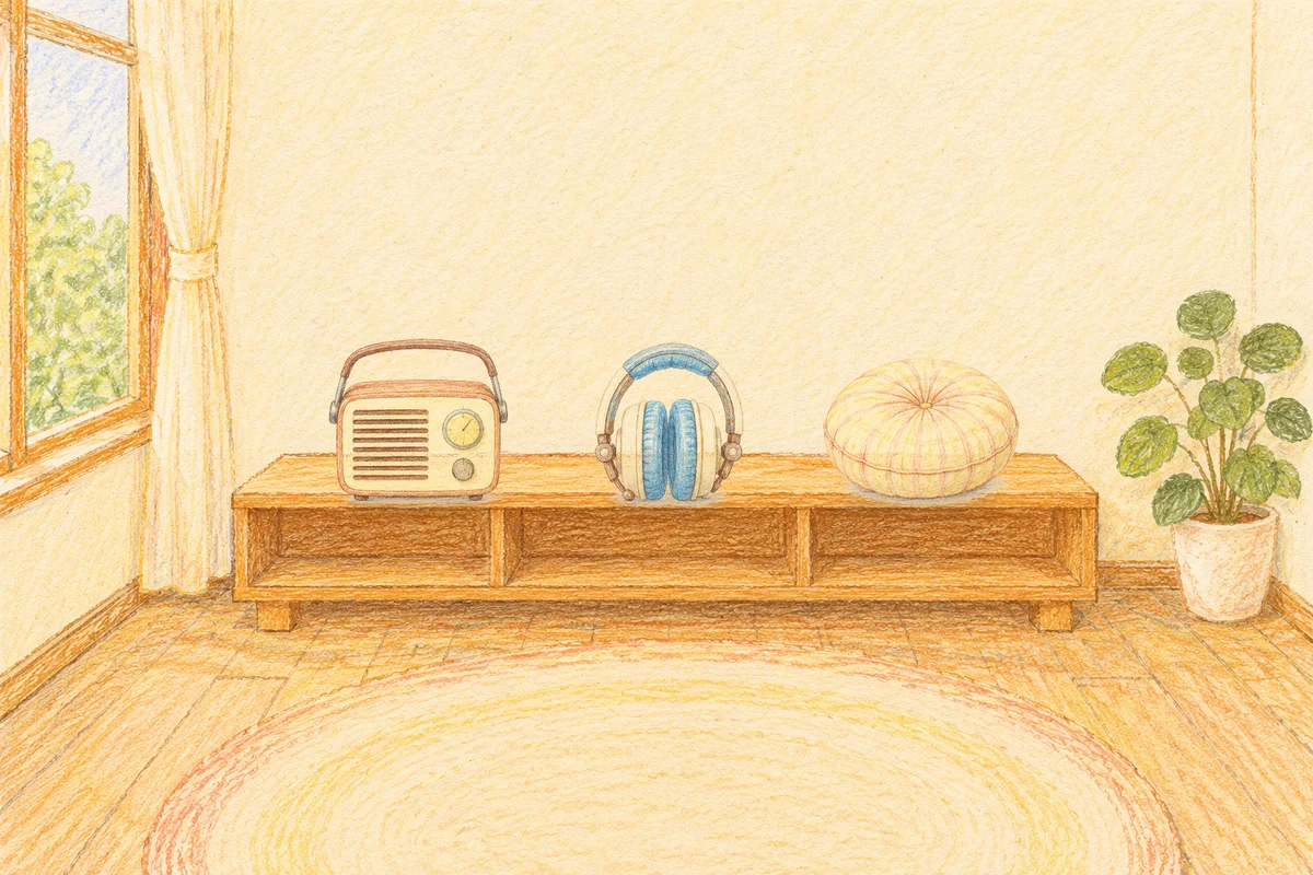 인계동 여성전용 두피 마사지 안내 그림, 낮의 창가 낮은 선반 위에 놓인 작은 라디오, 헤드폰, 둥근 쿠션