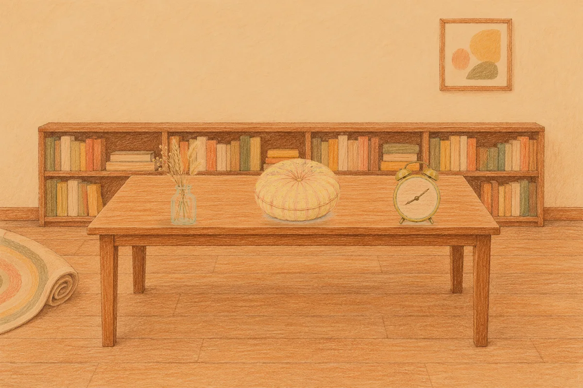 인계동 여성전용 목 어깨 케어 안내 그림, 저녁의 서재 긴 책상 위에 놓인 마른 풀을 꽂은 항아리, 둥근 쿠션, 둥근 알람시계