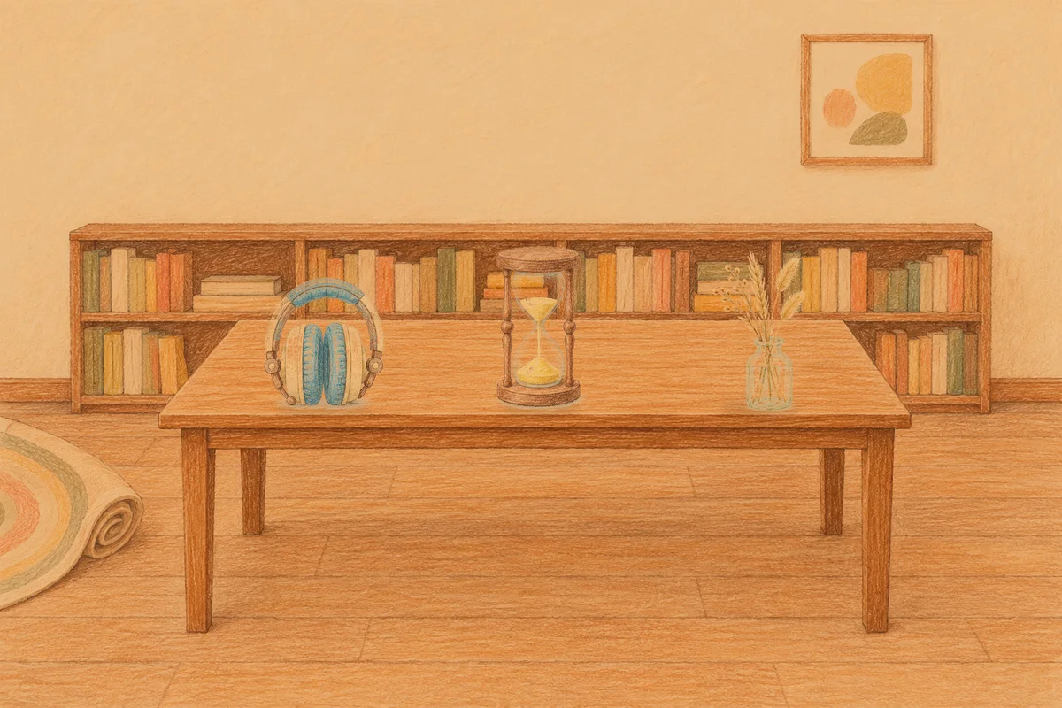인계동 여성전용 피로 회복 마사지 안내 그림, 저녁의 서재 긴 책상 위에 놓인 헤드폰, 모래시계, 마른 풀을 꽂은 항아리