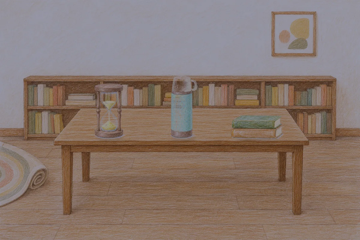 인계동 여성전용 림프 페이셜 안내 그림, 밤의 서재 긴 책상 위에 놓인 모래시계, 보온병, 책 두 권