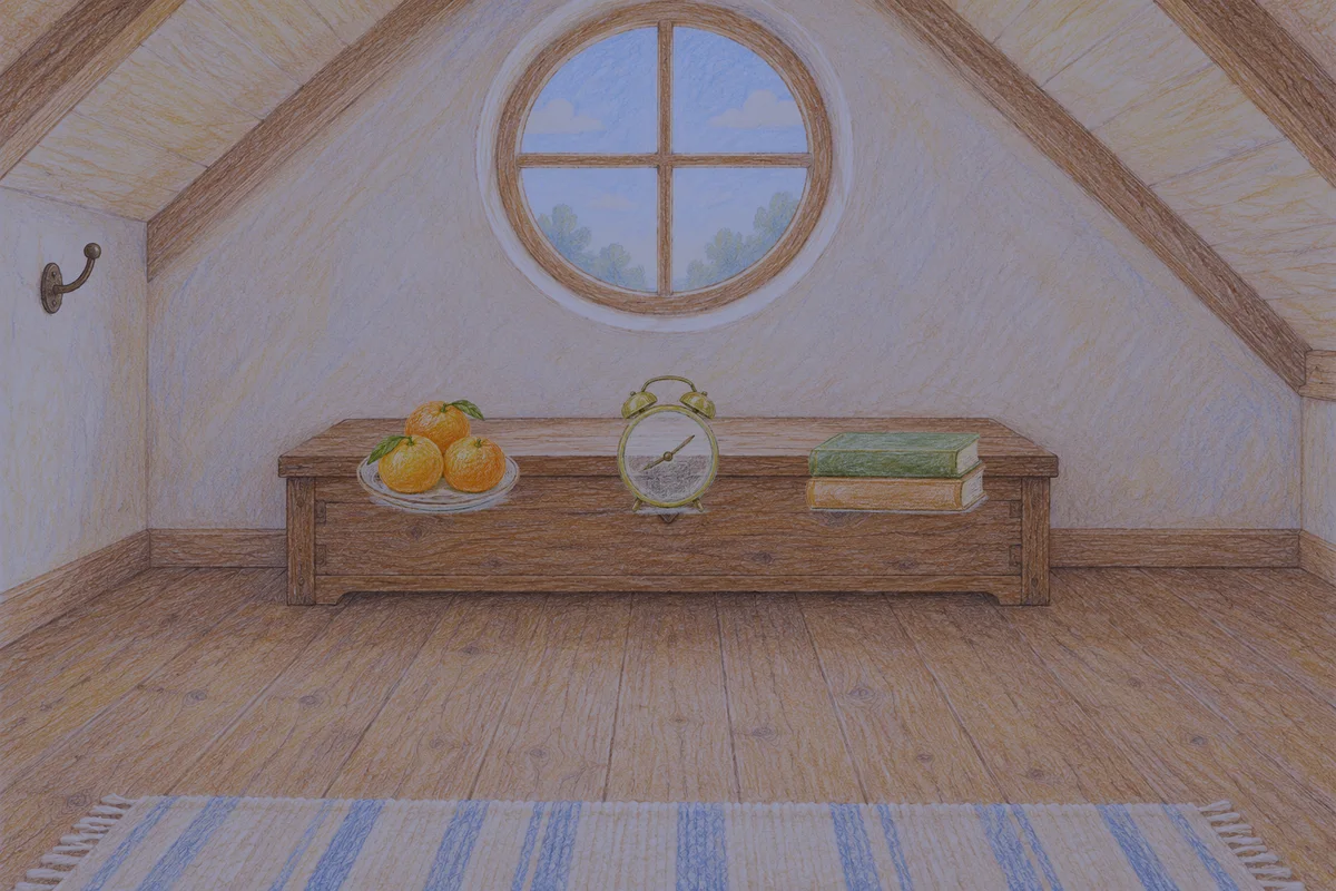 인계동 여성전용 브라이덜 케어 안내 그림, 밤의 다락방 나무 궤짝 위에 놓인 귤이 담긴 접시, 둥근 알람시계, 책 두 권