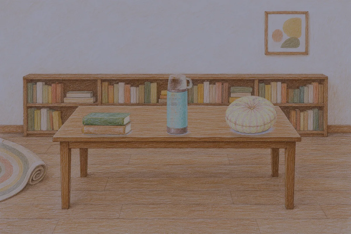 인계동 여성전용 예약 마사지 안내 그림, 밤의 서재 긴 책상 위에 놓인 책 두 권, 보온병, 둥근 쿠션