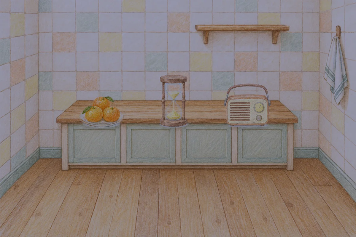 인계동 여성전용 출장 마사지 후기 안내 그림, 밤의 부엌 나무 조리대 위에 놓인 귤이 담긴 접시, 모래시계, 작은 라디오