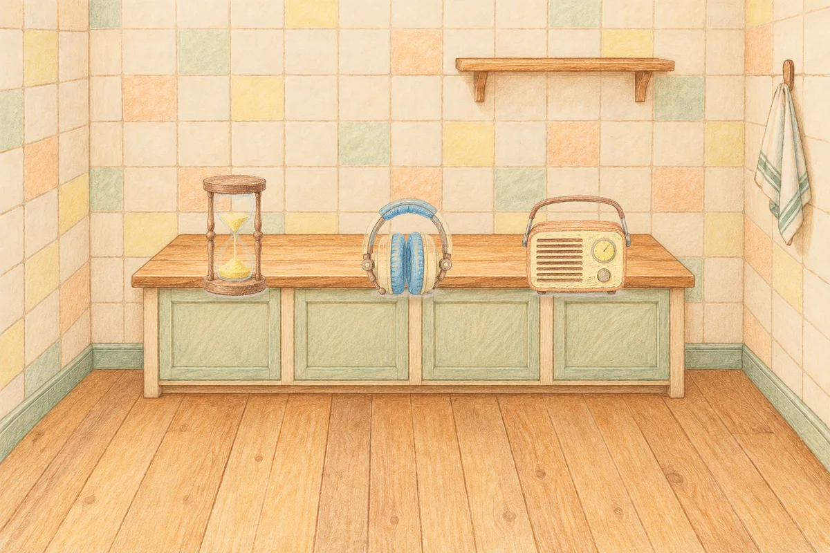 미사 여성전용 스웨디시 마사지 안내 그림, 낮의 부엌 나무 조리대 위에 놓인 모래시계, 헤드폰, 작은 라디오