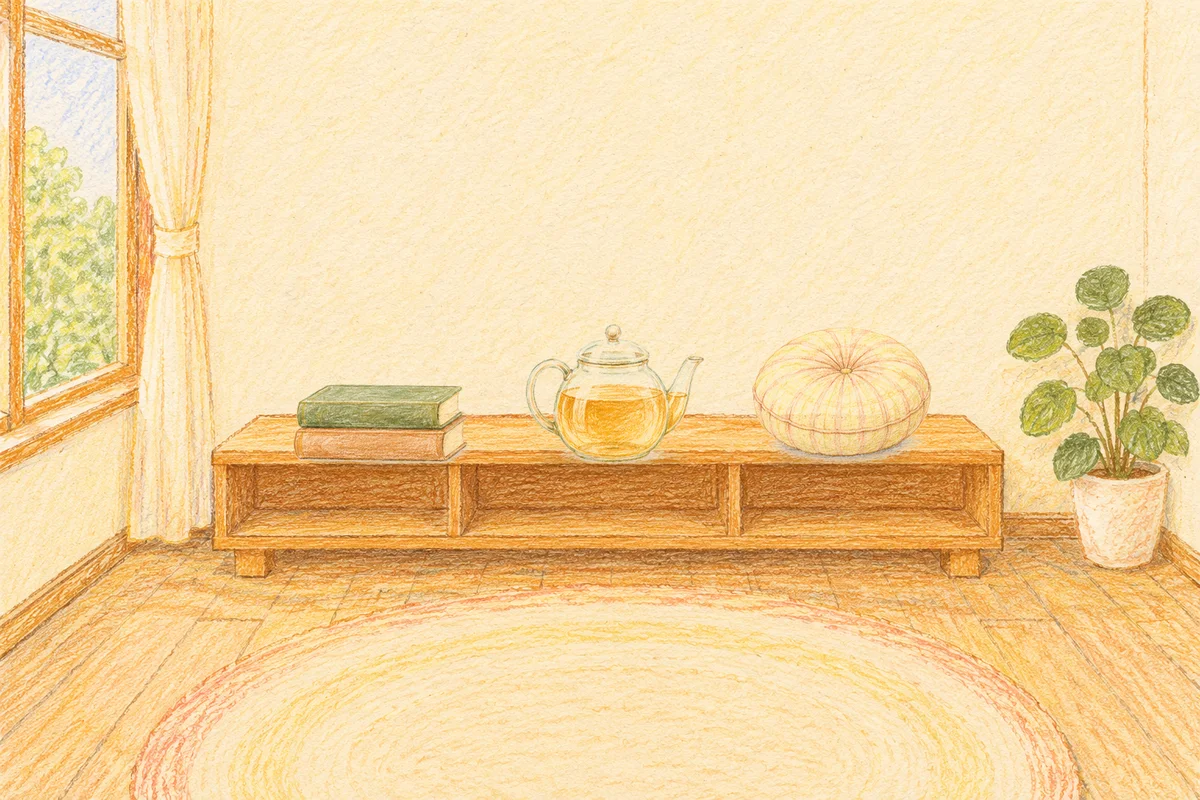 미사 여성전용 아로마 마사지 안내 그림, 낮의 창가 낮은 선반 위에 놓인 책 두 권, 유리 티포트, 둥근 쿠션
