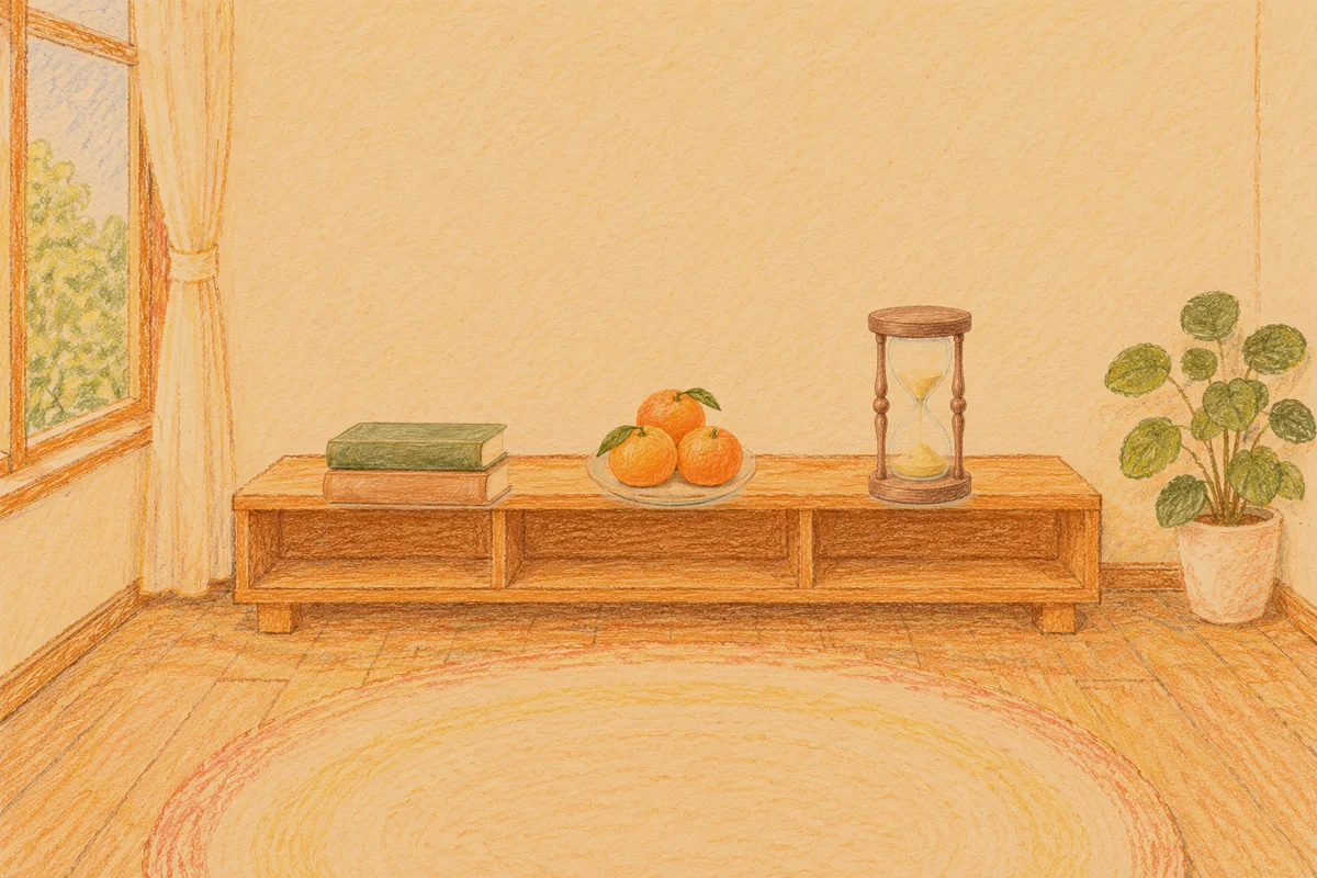미사 여성전용 아로마 마사지 후기 안내 그림, 저녁의 창가 낮은 선반 위에 놓인 책 두 권, 귤이 담긴 접시, 모래시계
