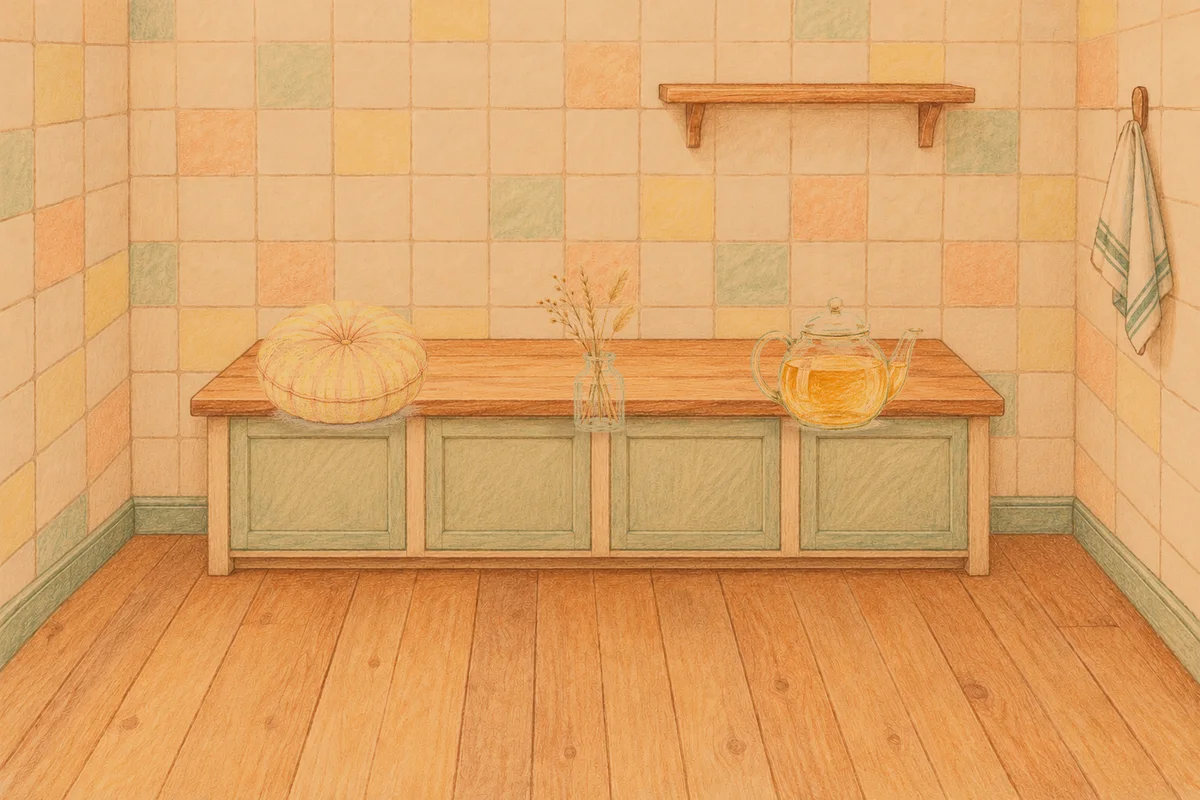 미사 여성전용 스웨디시 가격 안내 그림, 저녁의 부엌 나무 조리대 위에 놓인 둥근 쿠션, 마른 풀을 꽂은 항아리, 유리 티포트