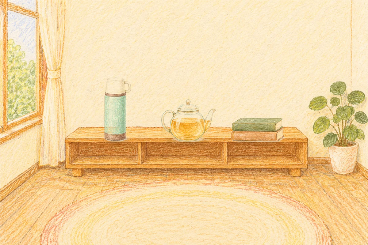 미사 여성전용 아로마 추천 안내 그림, 낮의 창가 낮은 선반 위에 놓인 보온병, 유리 티포트, 책 두 권