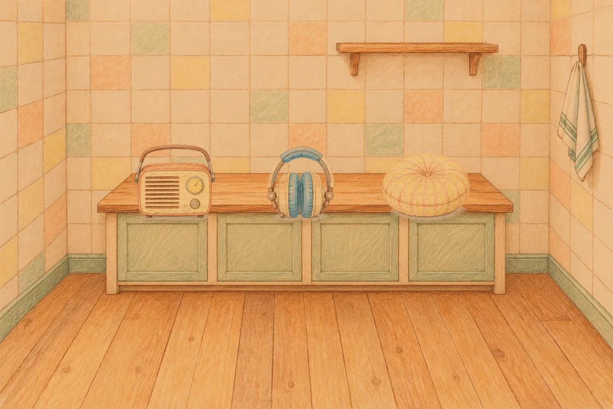 미사 여성전용 경락마사지 안내 그림, 저녁의 부엌 나무 조리대 위에 놓인 작은 라디오, 헤드폰, 둥근 쿠션