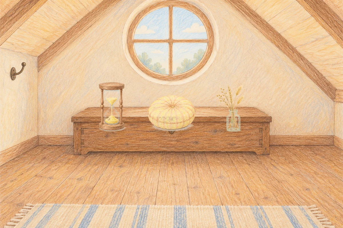 미사 여성전용 경락 마사지 안내 그림, 낮의 다락방 나무 궤짝 위에 놓인 모래시계, 둥근 쿠션, 마른 풀을 꽂은 항아리