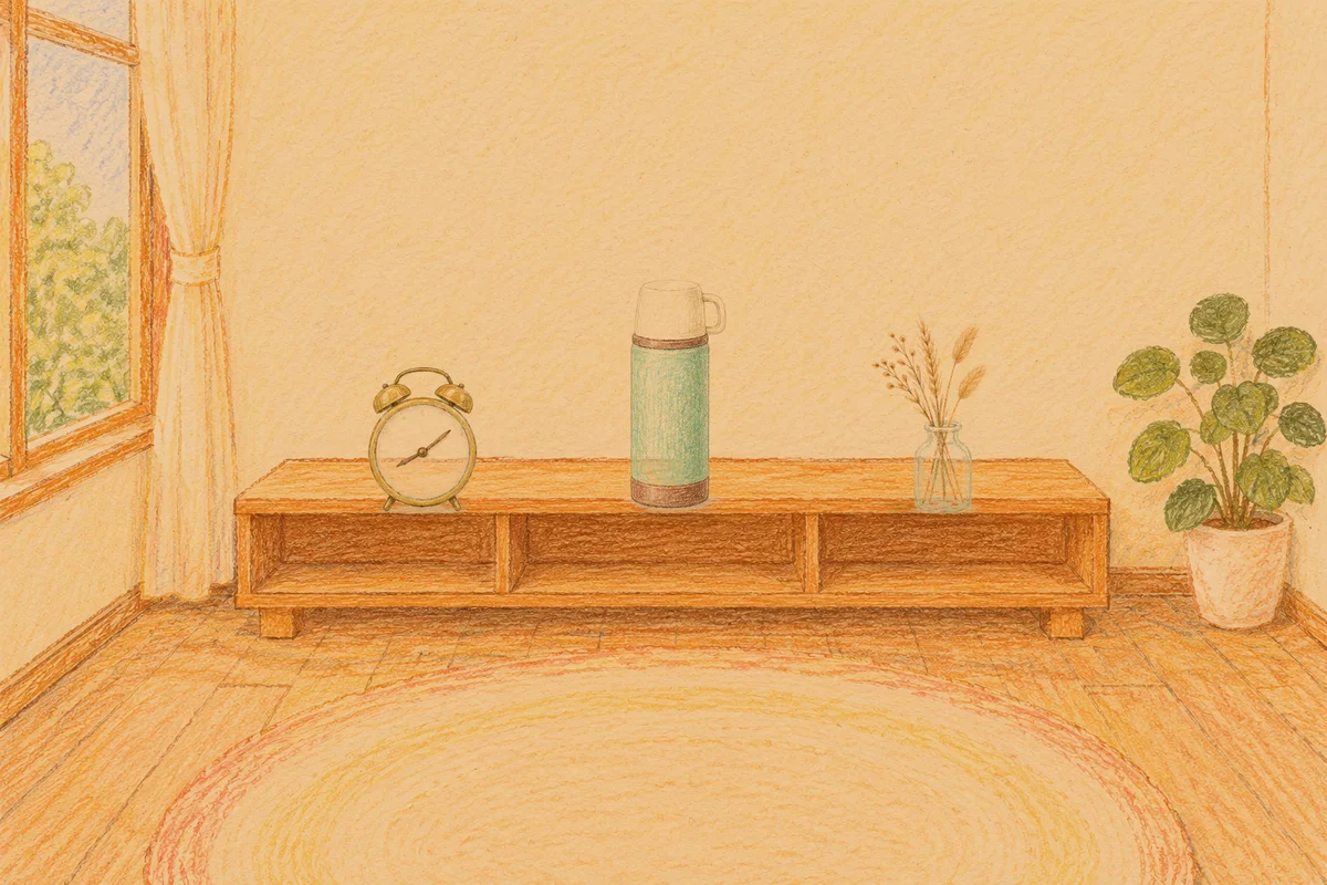 미사 여성전용 경락마사지 후기 안내 그림, 저녁의 창가 낮은 선반 위에 놓인 둥근 알람시계, 보온병, 마른 풀을 꽂은 항아리