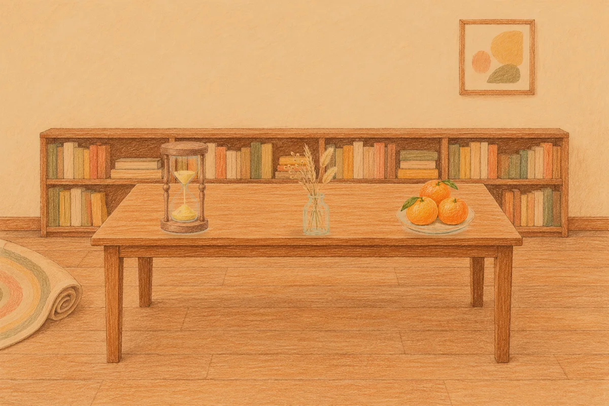 미사 여성전용 경락 가격 안내 그림, 저녁의 서재 긴 책상 위에 놓인 모래시계, 마른 풀을 꽂은 항아리, 귤이 담긴 접시