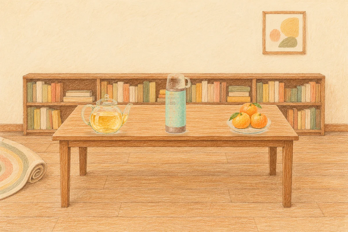 미사 여성전용 홈케어 안내 그림, 낮의 서재 긴 책상 위에 놓인 유리 티포트, 보온병, 귤이 담긴 접시