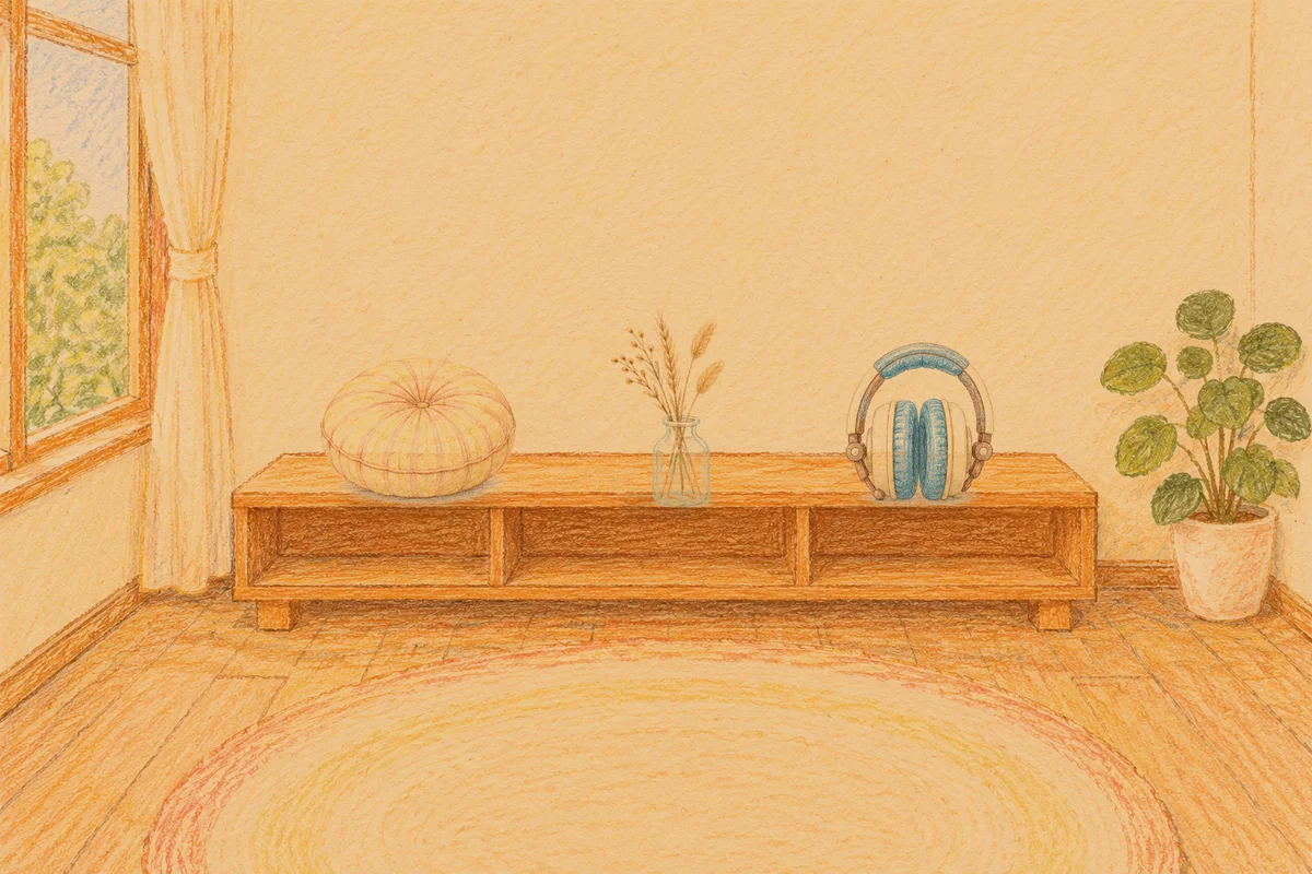 미사 여성전용 홈케어 서비스 안내 그림, 저녁의 창가 낮은 선반 위에 놓인 둥근 쿠션, 마른 풀을 꽂은 항아리, 헤드폰