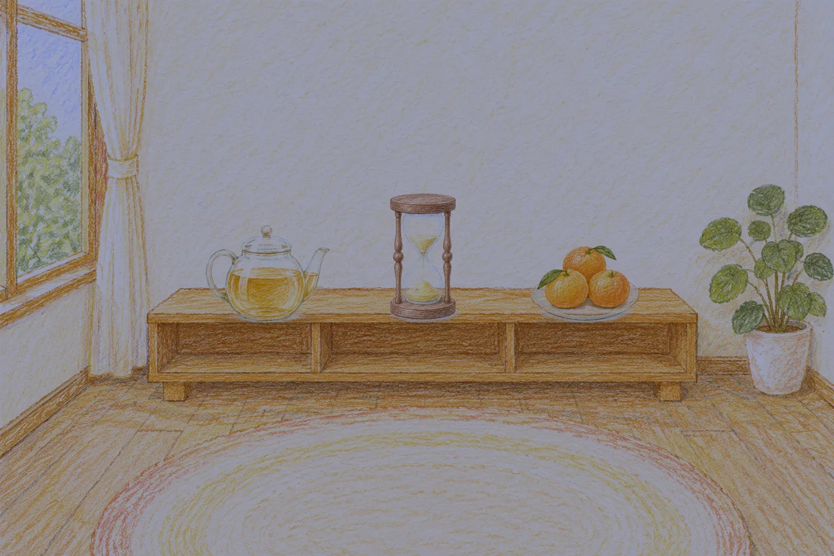 미사 여성전용 방문 홈케어 안내 그림, 밤의 창가 낮은 선반 위에 놓인 유리 티포트, 모래시계, 귤이 담긴 접시