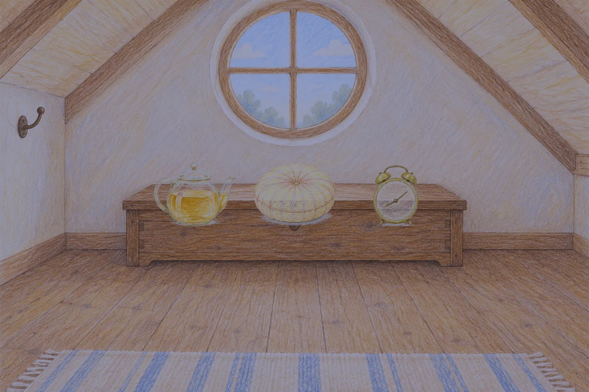 미사 여성전용 발관리 안내 그림, 밤의 다락방 나무 궤짝 위에 놓인 유리 티포트, 둥근 쿠션, 둥근 알람시계