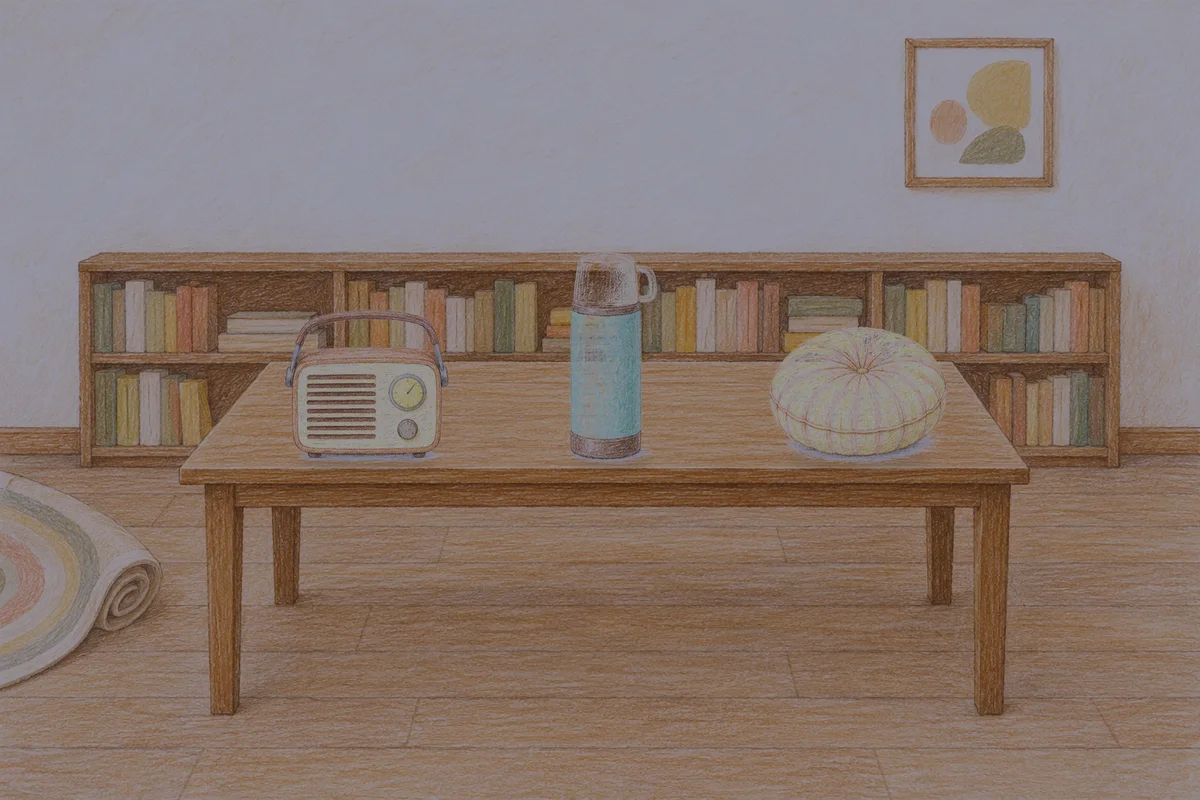 미사 여성전용 발마사지 안내 그림, 밤의 서재 긴 책상 위에 놓인 작은 라디오, 보온병, 둥근 쿠션