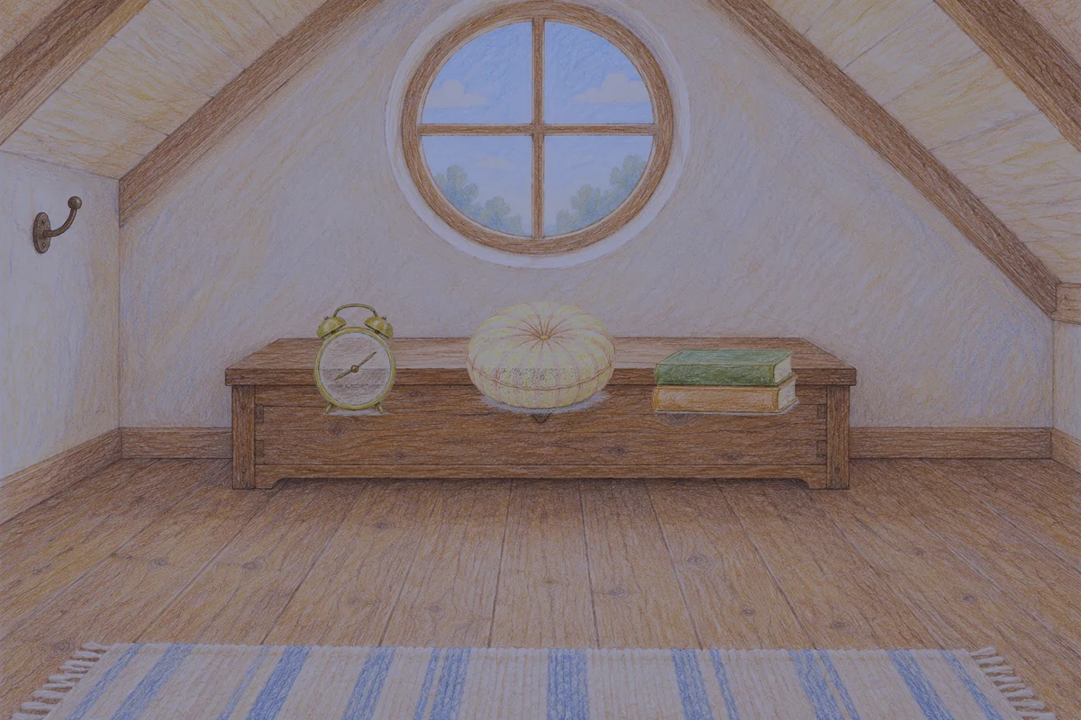 미사 여성전용 발 케어 안내 그림, 밤의 다락방 나무 궤짝 위에 놓인 둥근 알람시계, 둥근 쿠션, 책 두 권