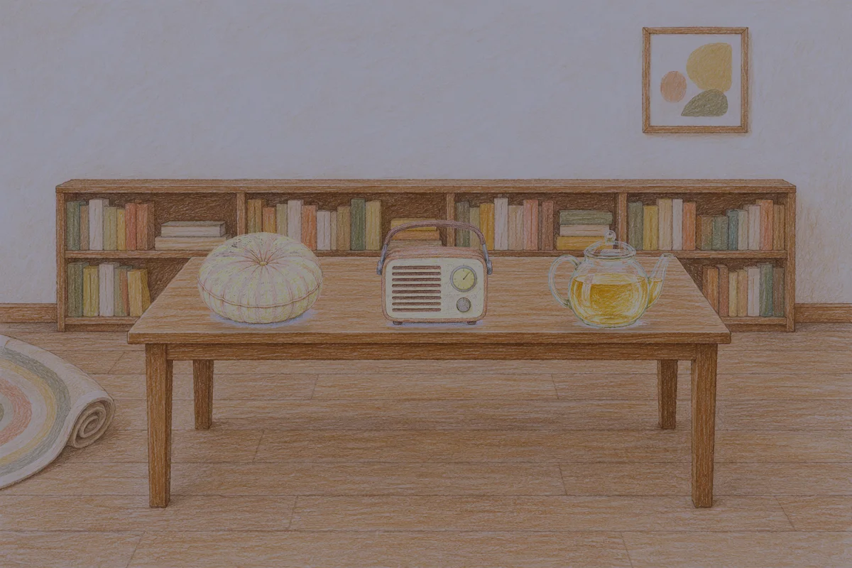 미사 여성전용 림프 마사지 안내 그림, 밤의 서재 긴 책상 위에 놓인 둥근 쿠션, 작은 라디오, 유리 티포트