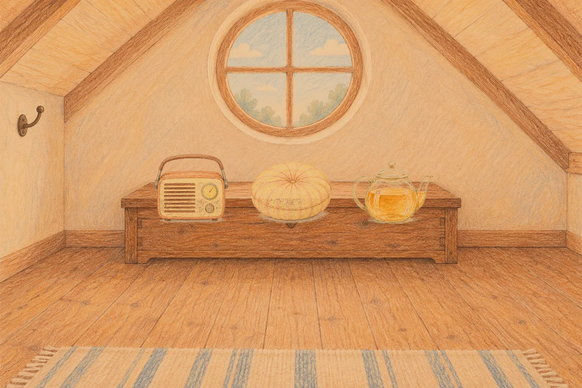 미사 여성전용 슬리밍 마사지 안내 그림, 저녁의 다락방 나무 궤짝 위에 놓인 작은 라디오, 둥근 쿠션, 유리 티포트
