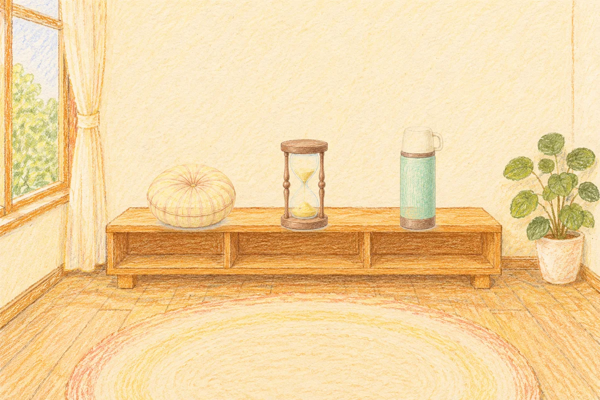 미사 여성전용 디톡스 마사지 안내 그림, 낮의 창가 낮은 선반 위에 놓인 둥근 쿠션, 모래시계, 보온병