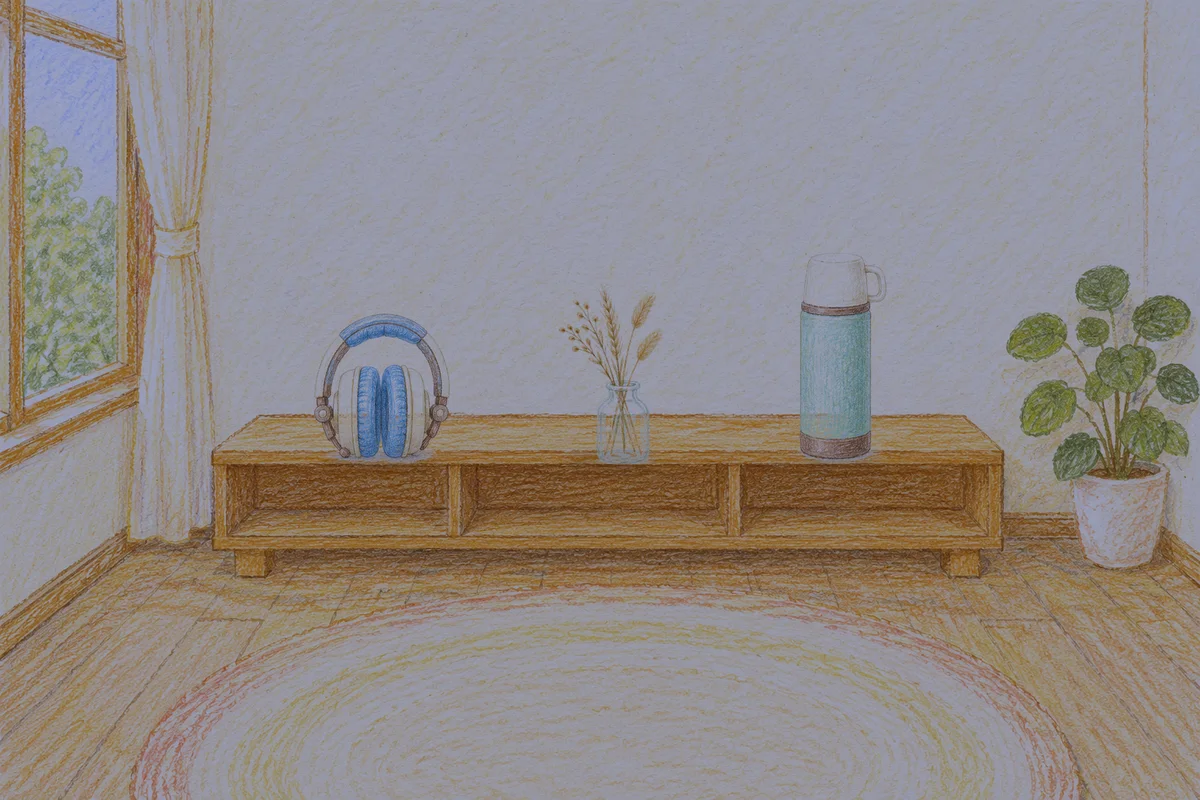 미사 여성전용 다이어트 마사지 안내 그림, 밤의 창가 낮은 선반 위에 놓인 헤드폰, 마른 풀을 꽂은 항아리, 보온병