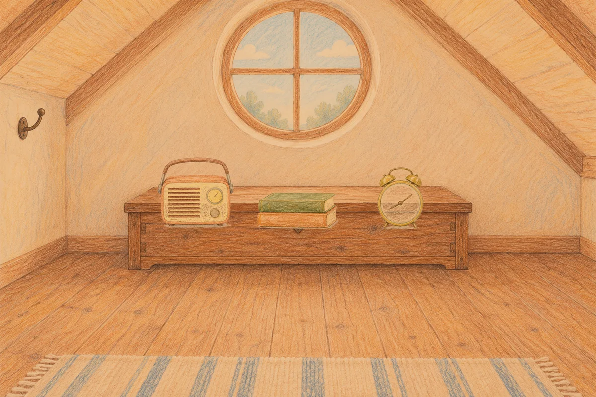 미사 여성전용 복부 마사지 안내 그림, 저녁의 다락방 나무 궤짝 위에 놓인 작은 라디오, 책 두 권, 둥근 알람시계
