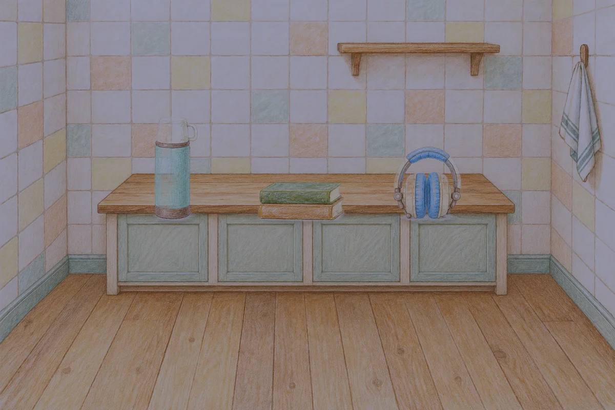 미사 여성전용 목 어깨 케어 안내 그림, 밤의 부엌 나무 조리대 위에 놓인 보온병, 책 두 권, 헤드폰